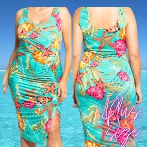SUMMER VACAY 3X plus aqua marine ruched light weight bodycon dress NWT B155
